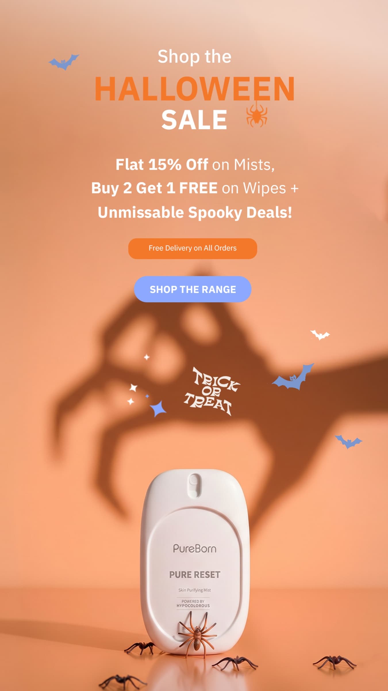 Shop the Halloween sale — flat 15% off on mists, buy 2 get 1 free on wipes, plus unmissable spooky deals. Free delivery on all orders. Shop the range